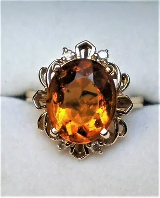 Vintage Designer 14K Yellow Gold 6CT Golden Topaz 0.10CT Diamond Cluster RING  • $495