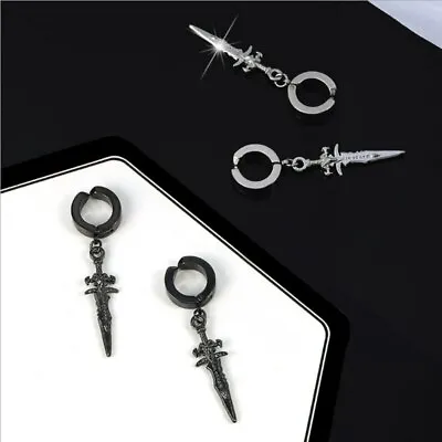 Men's Sword Dagger Stainless Steel Earrings Jewelry Guy Hoops Pierced / Clip On • $13.68