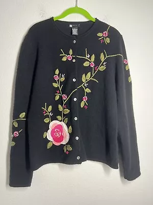 Vtg R. Stone Rabbit Hair Wool Blend Rose Embroidered Cardigan Sweater Size L EUC • $34.99