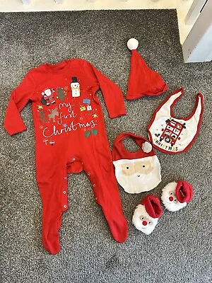 F&F Sleepsuit Baby Bib Hat Booties My First Christmas 9-12 Months Xmas Preowned • £6.99