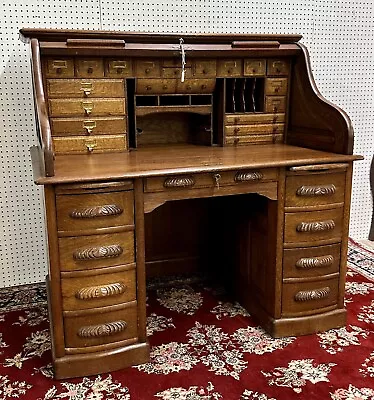 Fantastic American Antique S Curve Golden Oak  Roll Top Desk Circa 1890 • $4250