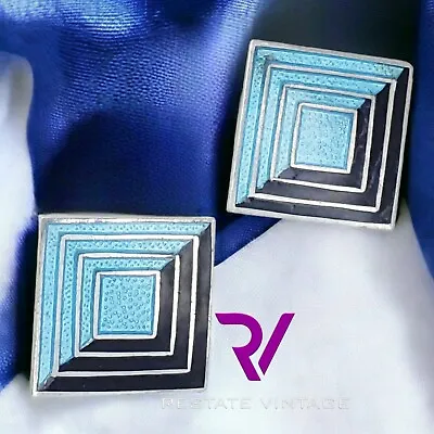 Vintage Margot De Taxco Near Mint Guilloche Enamel Black & Blue Sterling Earring • $250