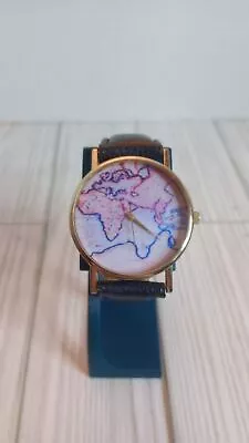 Modcloth Women's Watch Globe World Map Face Black Leather Band Gold Tone • $14.99