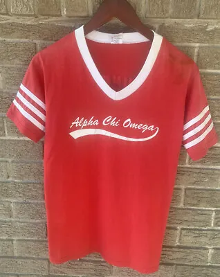 Vintage Fraternity Alpha Chi Omega Ringer V Neck Jersey Style S Red Vtg Frat • $38.59