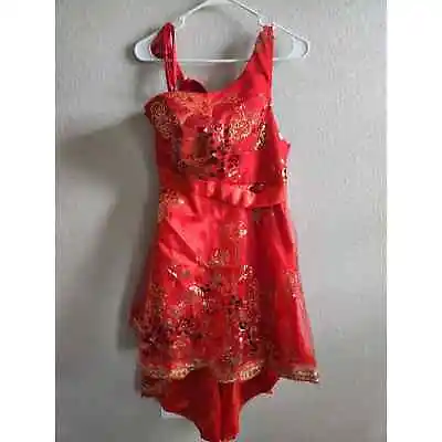 Vintage Y2K Juniors Sz L One Shoulder Knee Length Prom Dress Red Gold Sequin • $24.84