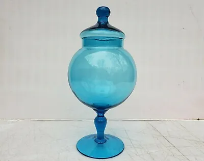 Empoli Glass Pedestal Candy Compote Lidded BLUE  Italian 13  Mid Century  • $125