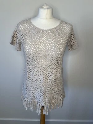 £30 • Buy Fat Face Cate Crochet Top M Ivory Beige Festival Boho Fringe Tassel Holiday 