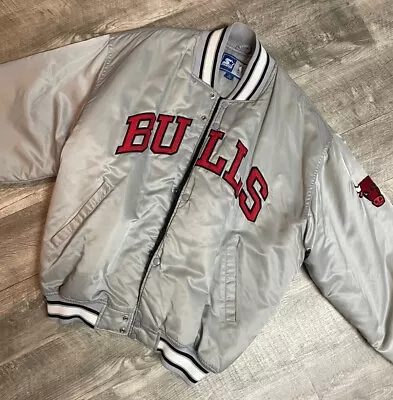 Vintage 90s Chicago Bulls NBA Silver And Red Satin Starter Jacket Men's Size XL • $299.99