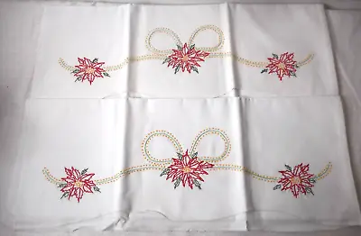 VTG Set 2 Hand Embroidery Christmas Poinsettias Pillowcases Cotton Bed Linen • $18.50