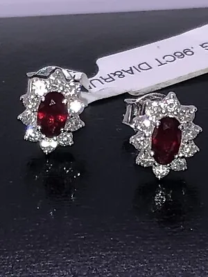 18ct White Gold Ruby/diamond Cluster Earrings .55ct D .96 R. • £447