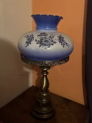 2 Vintage Hurricane Gone With The Wind Parlor Table Lamps- Blue Floral Glass • $350