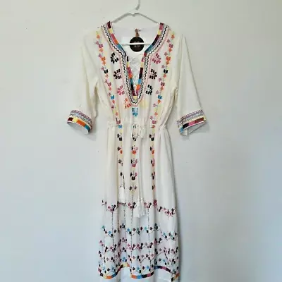 Women's Caftan Midi Dress Embroidered Boho Beach Lined Drawstring S • $29.95