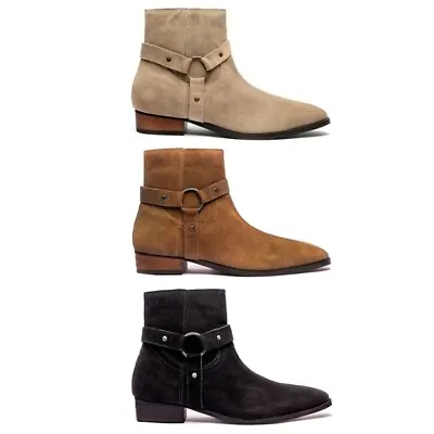 Club Cubano RAUL Buckle Mens Suede Leather Zip Up Cuban Heel Boots • £30.89