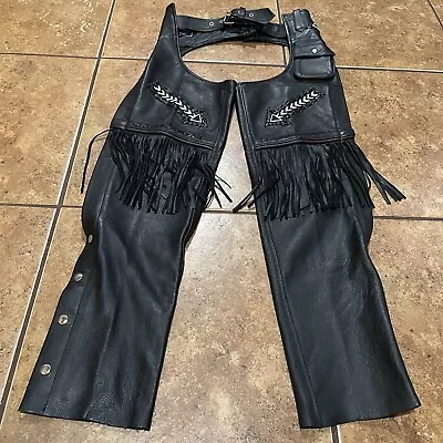 American Top Leather Chaps Fringe Black Genuine Motorcycle Riding XS Beaded • $39.95