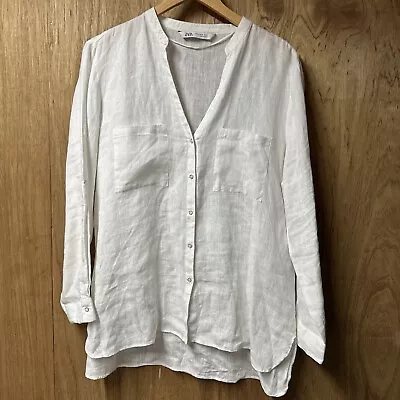 Zara Linen Shirt Womens XL White Long Roll Tab Sleeve V-Neck Coastal Classic • $29.99