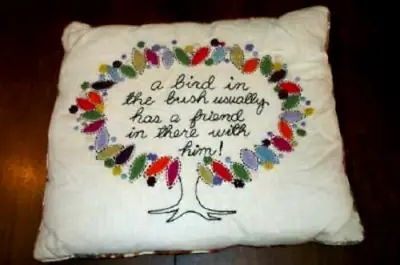 1950s LINEN CREWEL EMBROIDERY MOTTO FEATHER PILLOW HANDMADE PAISLEY BACK MCM • $57