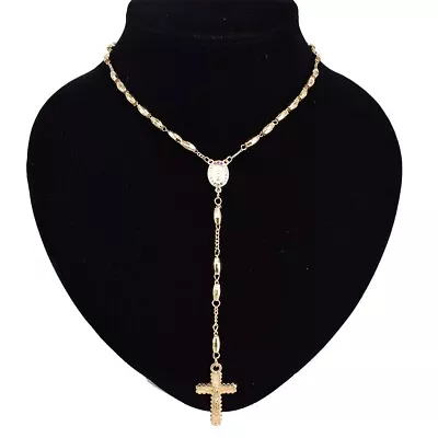 Men's CZ 14K Gold Filled Sparkling Religious Rosary Jesus Cross Chain Necklace • $15.95