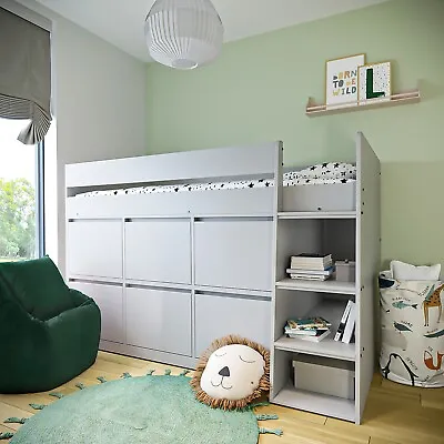 Single Mid Sleeper Cabin Bed Light GreyWood With 6 Drawers And Ladder Storage • £429.92