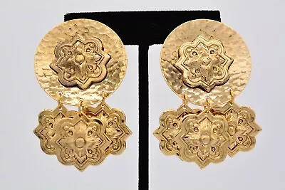 Vintage Dangle Earrings Gold Disc Chandelier Lightweight Metal Chunky NOS 1980s • $15.16