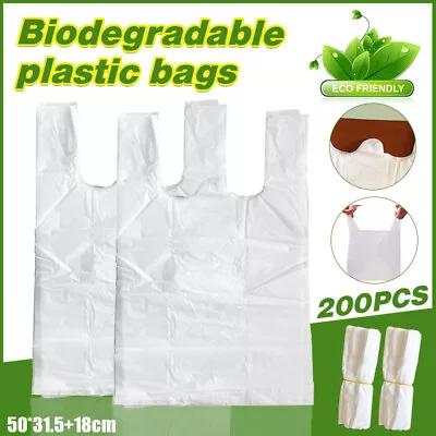 200PCS Carry Bags White Grocery Eco Friendly Biodegradable Plastic Shopping Bags • $49.95