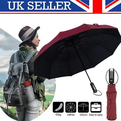 Windproof Strong Automatic Open&Close Folding 10 Rib  Compact Travel Umbrella UK • £8.27