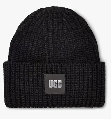 UGG Women's Knit Ribbed Beanie Winter Hat NWOT Logo Patch Black One Size  • $29.74