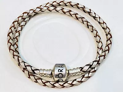 $47 • Buy Authentic Pandora Cream Double Wrap Leather Braided Bracelet 35cm 590705 