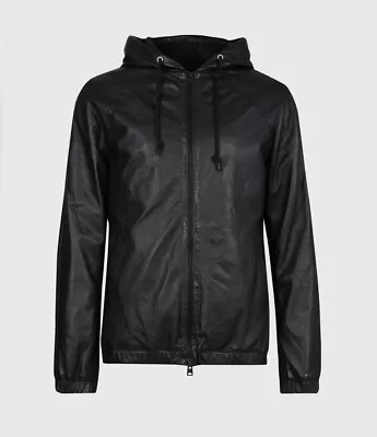 Black Men Hooded With Drawstring Coat Genuine Lambskin 100% Leather Jacket • $119.20