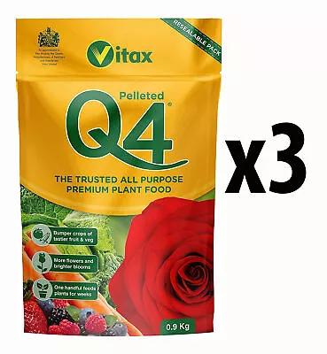 3 X Vitax Q4 Pelleted Premier Fertiliser For Fruit Vegetables Flower Roses 900g  • £17.99