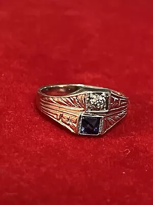 Art Deco 14k White Gold Diamond And Sapphire Baby Ring Size 2.5 • $370.92