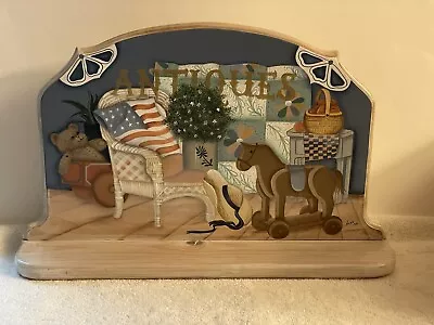 Wall Hanging Knotty Pine Wood Shelf Hand Painted Antiques Theme Signed 1993 • $54.93