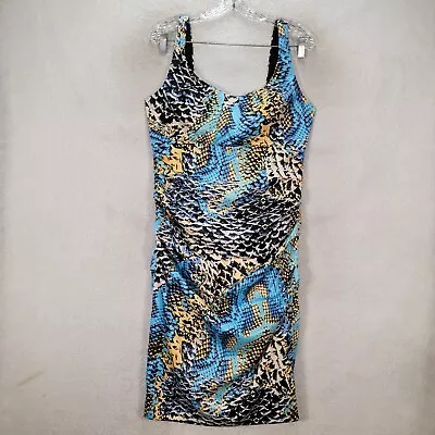 Signature Sangria Womens Dress Size 12 Blue Python Print Ruched Retro Bodycon • $20.66