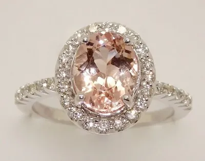 14k WHITE GOLD HALO DIAMONDS & OVAL MORGANITE ENGAGEMENT ANNIVERSARY RING #2120 • $1175