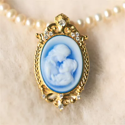 D18 Mother And Child Baby Pendant Brooch Cameo Pearl Blue Agate Silver 925 • $108.19