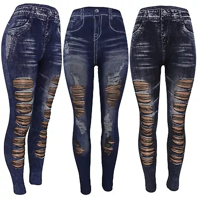 High Waist Womens Ripped Faux Denim Jean Leggings Slim Stretch Jegging • $11.99