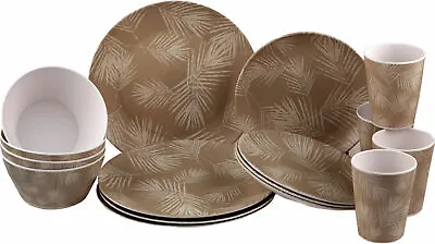 Melamine Dinner Set 16-Piece Plates Bowls & Tumblers Set Crockery For 4 Taupe • £44.99