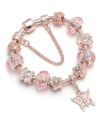 18K Rose Gold Plated Pink Crystal Butterfly Charm Bracelet Made With Swarovski  • $9.99