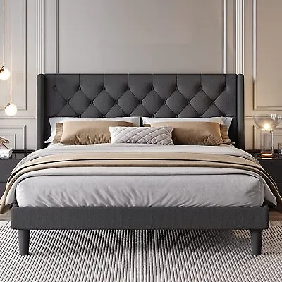 Fabric Platform Bed Frame With Upholstered Headboard And WingbackDark Grey • $177.99