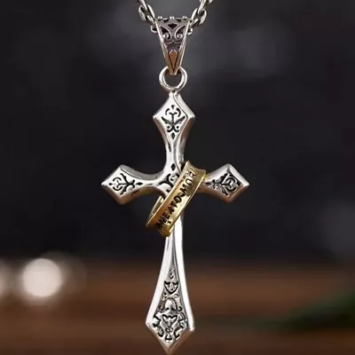 Men's Silver Halo Ring Cross Pendant Necklace Christian Catholic Jewelry Unisex • $11.99