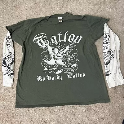 Vintage Ed Hardy T Shirt Mens Size Large Green Long Sleeve 2 In 1 Y2K Tattoo Slv • $54.95