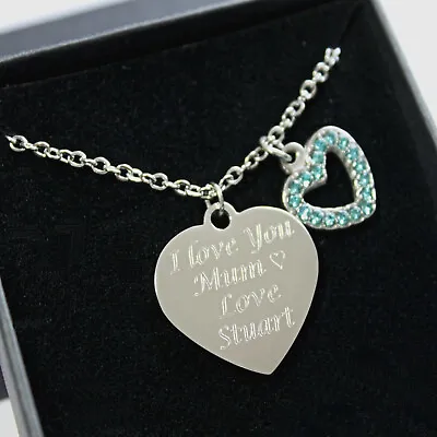 Christmas Gifts Engraved Necklace Blue Heart Charm Personalised Jewellery • £13.49