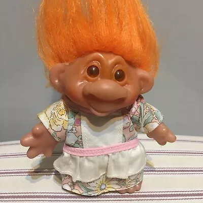 CUTE Vintage DAM TROLL - Wearing ORIGINAL FLORAL DRESS & APRON - ORANGE HAIR • £7.99