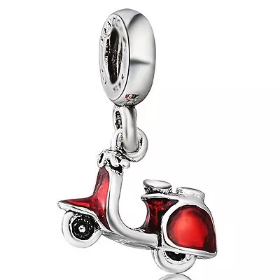 £8.99 • Buy 925 Sterling Silver Plated Red Enamel Scooter Moped Dangle Charm Bead Gift Bag