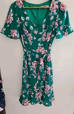 REVIEW Size 8 Green Pink Floral Blissful Bloom Dress With Self-Tie Belt • $49.95
