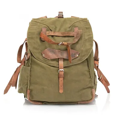 Vintage Romanian O.D. Canvas Rucksack With Leather Straps Grade1 Free Shipping • $54.99