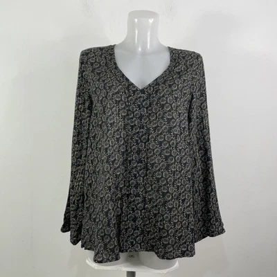 Lauren Vidal Black Floral Pullover Boho Long Sleeve Top Size Small • £15