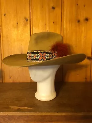 Vintage Mens Stetson 4x Beaver Hat 7 1/8 Xxxx Cowboy Hat Feathers Band • $50