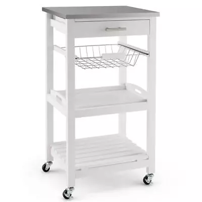 Costway Kitchen Cart 33.5  X 18.5  Steel Tabletop Service Trolley Wood In White • $89.83