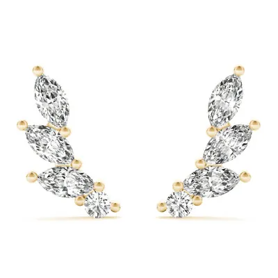 New 14k Yellow Gold Ear Climber Crawler Journey Curved Marquise Diamond Earrings • $1997