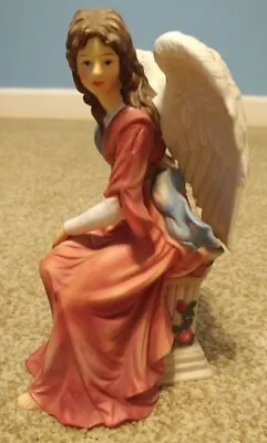 O'Well 9  Porcelain Angel Figurine Seated On Pedestal Red Dress White Wings  • $14.99